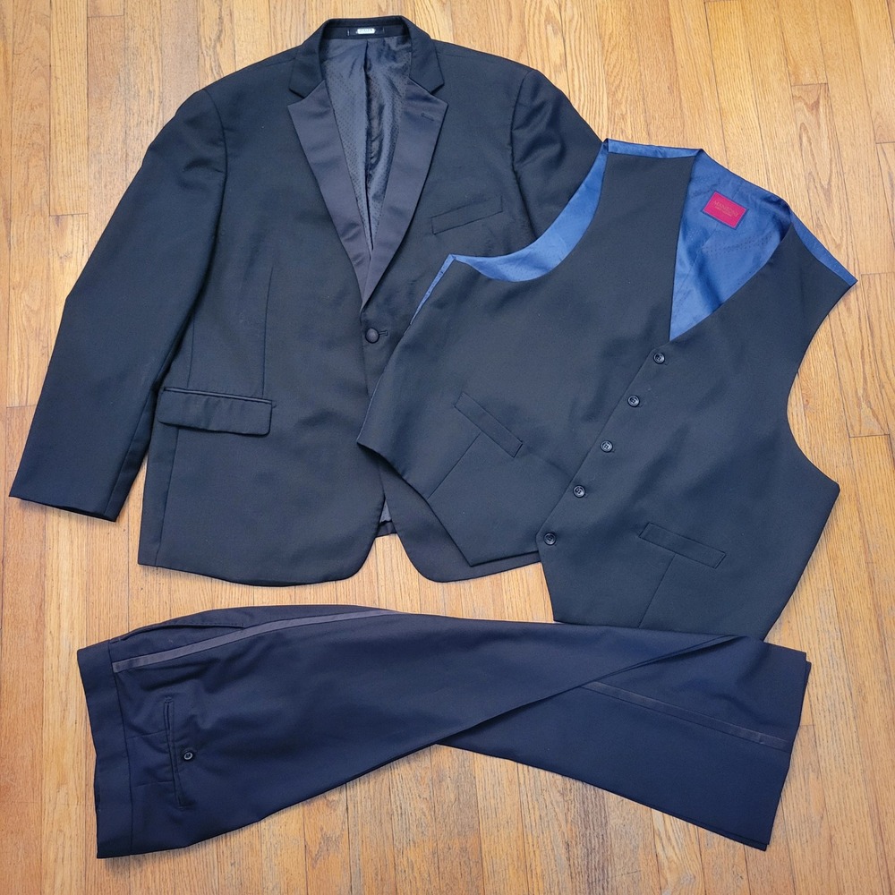Mantoni 52R 3pc Tuxedo Suit Black Wool Blazer Pants Vest Dapper Gentleman Preppy
